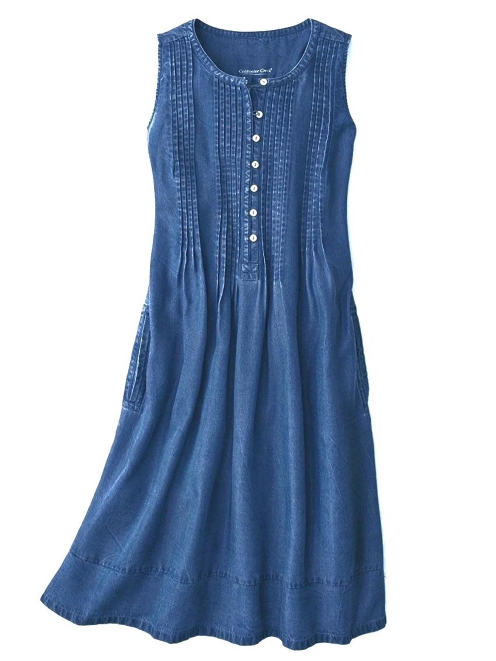 Coldwater Creek XL Tencel Chambray Denim Sleeveless Pintuck Midi Dress